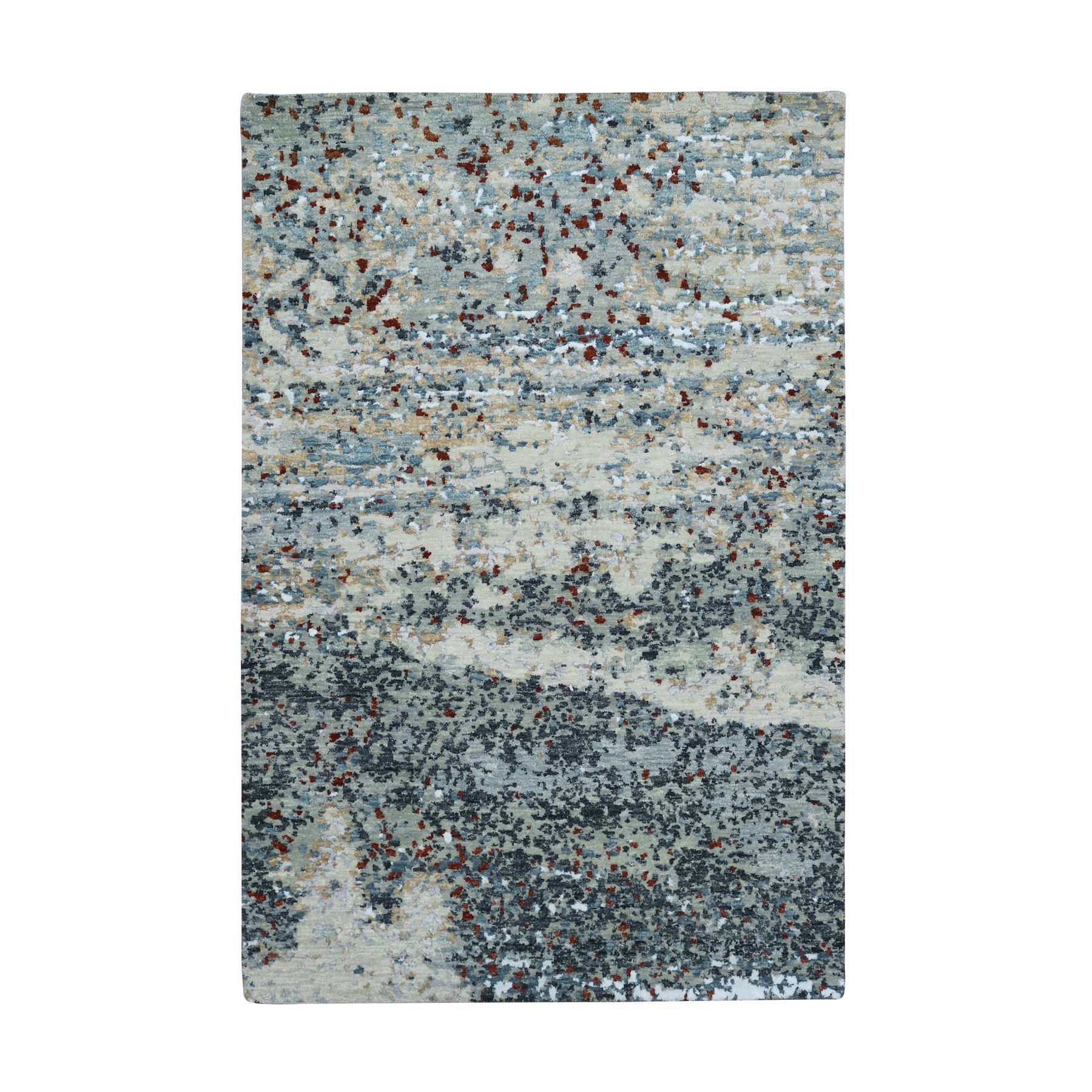 Charcoal Gray with Beige, Abstract with Galaxy Design, 100% Wool, Hand Knotted, Persian Knot, Densely Woven, Oriental Rug
